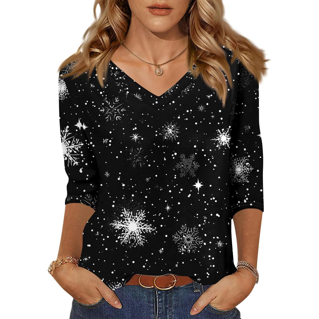 Women's T Shirt CHristmas Print 3/4 Sleeve Daily Weekend Fashion Basic V- Neck Regular Top