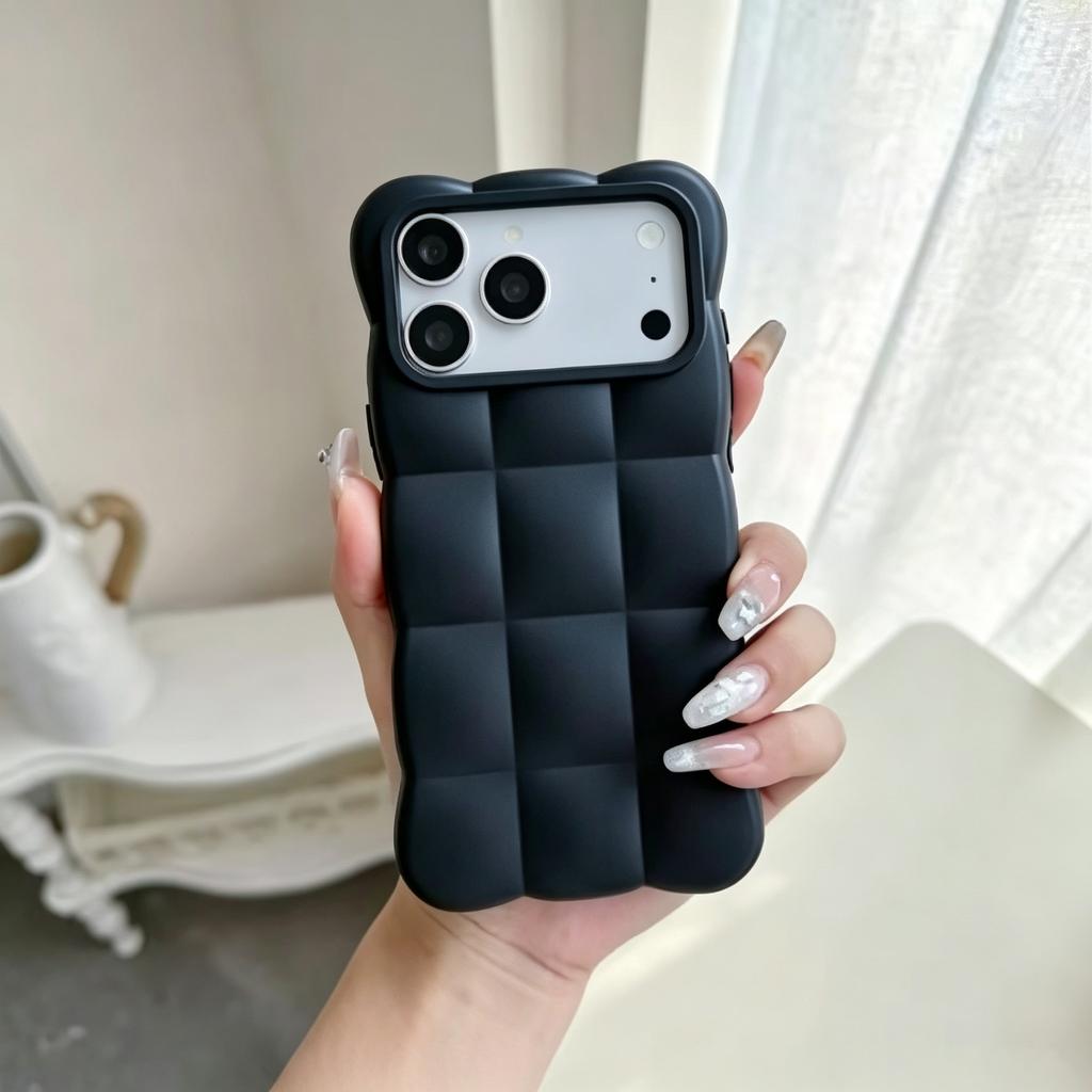 Cartoon Lattice 3D Block Phone Case For iPhone 18 17 16 15 14 13 Pro Max Candy Solid Color Shockproof Silicone Soft TPU Cover