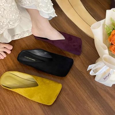 Women's Suede Flats Mules Shoes Square Toe Slingback Slippers Casual Sandals Trend Summer Dress Flip Flops Cozy Mujer Slides