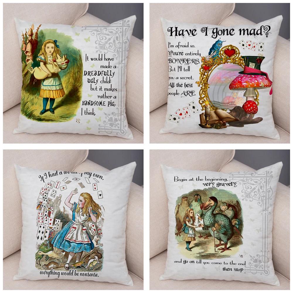 Alice In Wonderland Cushion Cover Cute Rabbit Cat Printed Sofa Pillow Vintage Home Decorative Pillow Case for Children Room