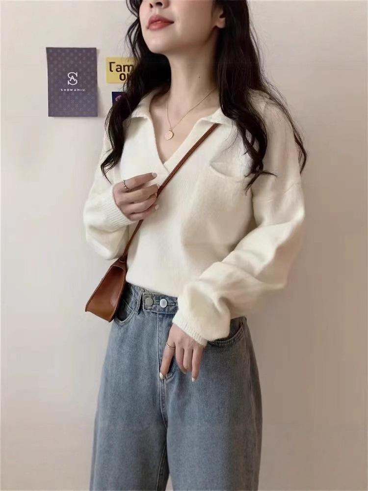 Women's Retro V-Neck Knitted Pullover Sweater - Soft Wool, Loose Fit, Autumn Style Jacket