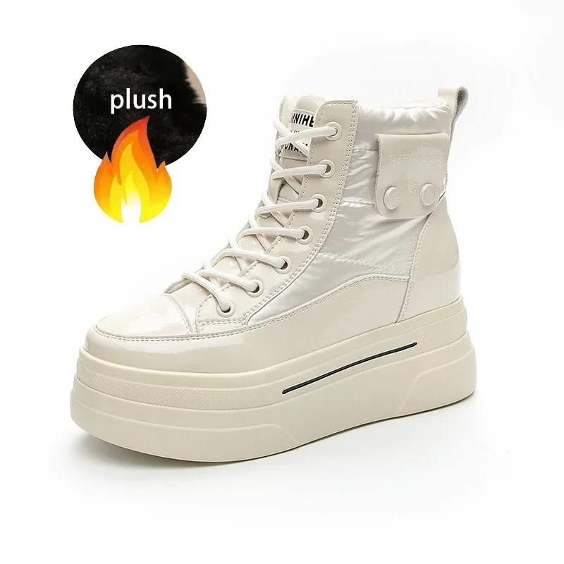 Fashion New 7.5cm Down Genuine Leather Women Ankle Booties Platform Wedge Hidden Heels Warm Women Autumn Spring Casual Boots Shoes