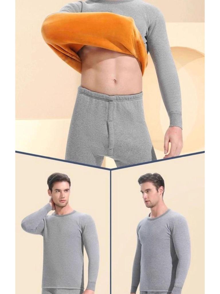 Men's Yellow Velvet Thermal Underwear Set - Warm, Slim Fit, Round Neck for Autumn and Winter