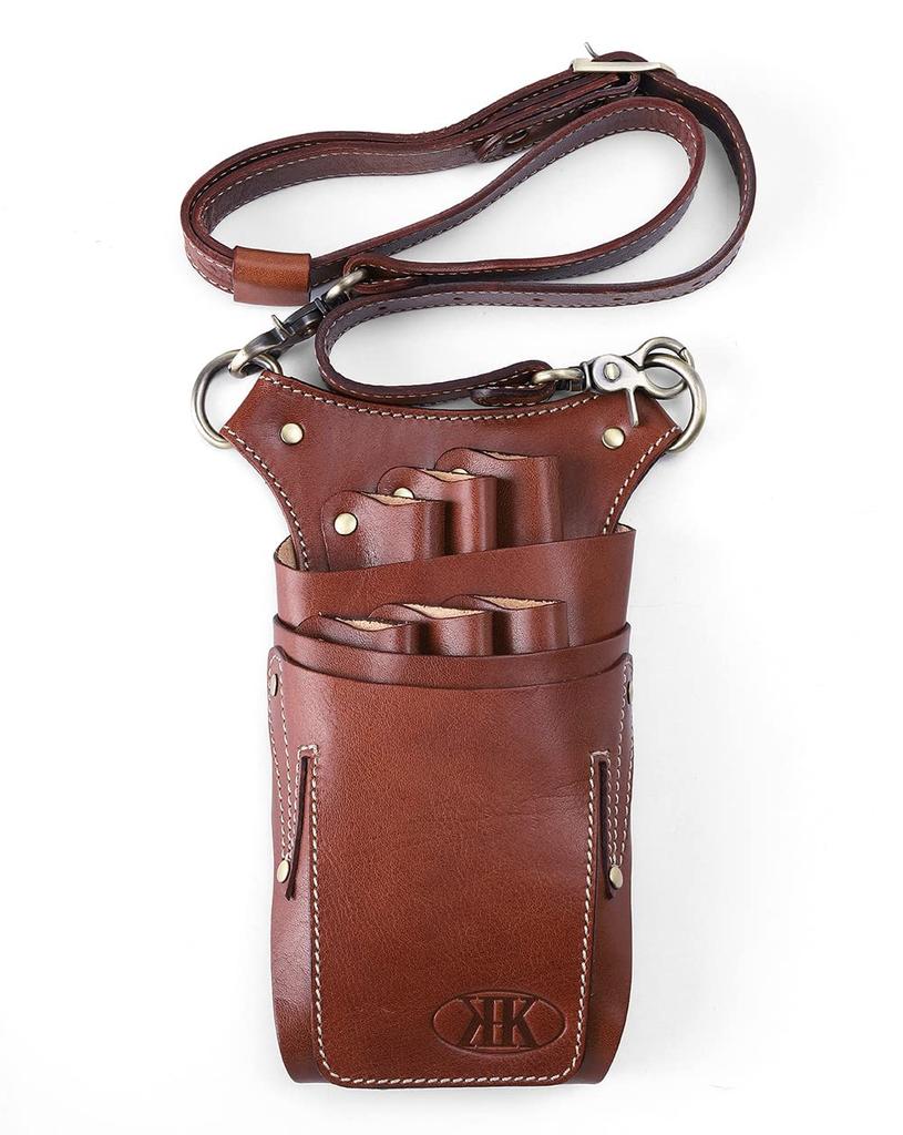 KK Authentic Handmade Premium Leather Scissor Case for 6 Scissors Leather (Sanshiro Market) (Genuine Strap, Brown)