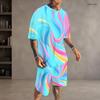 Men Plus Size Round Neck Short Sleeve Cyan Colorful Striped Printed T Shirt And Pocket Shorts Two Piece Set