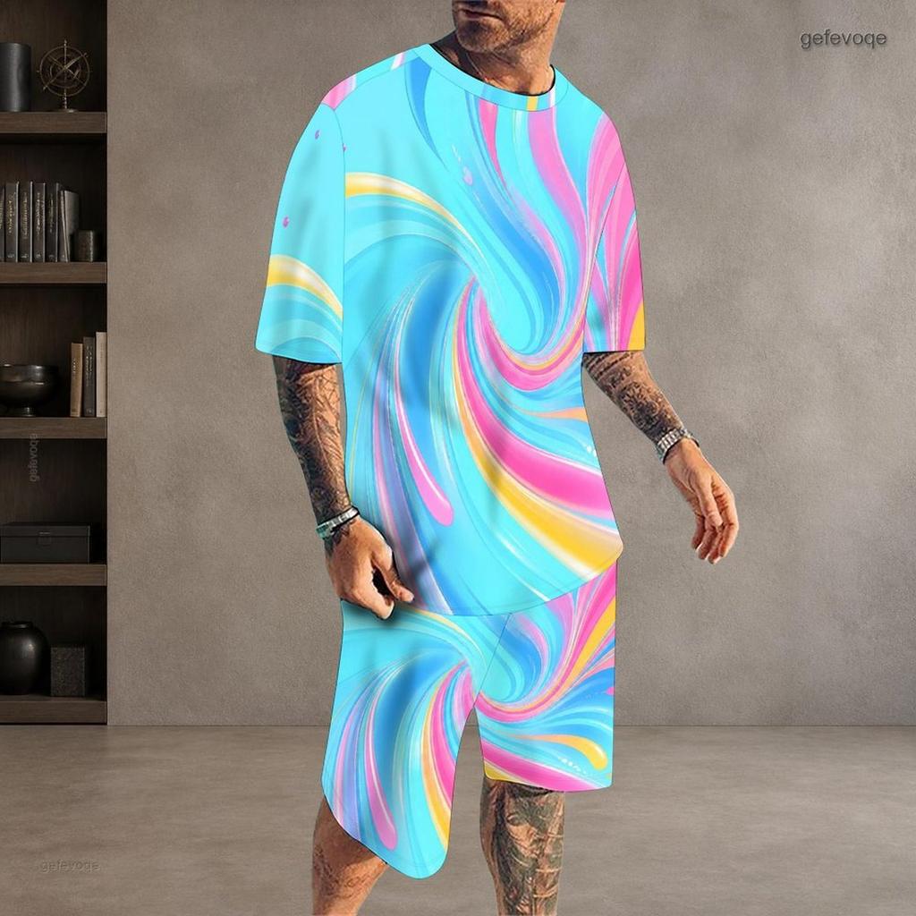 Men Plus Size Round Neck Short Sleeve Cyan Colorful Striped Printed T Shirt And Pocket Shorts Two Piece Set