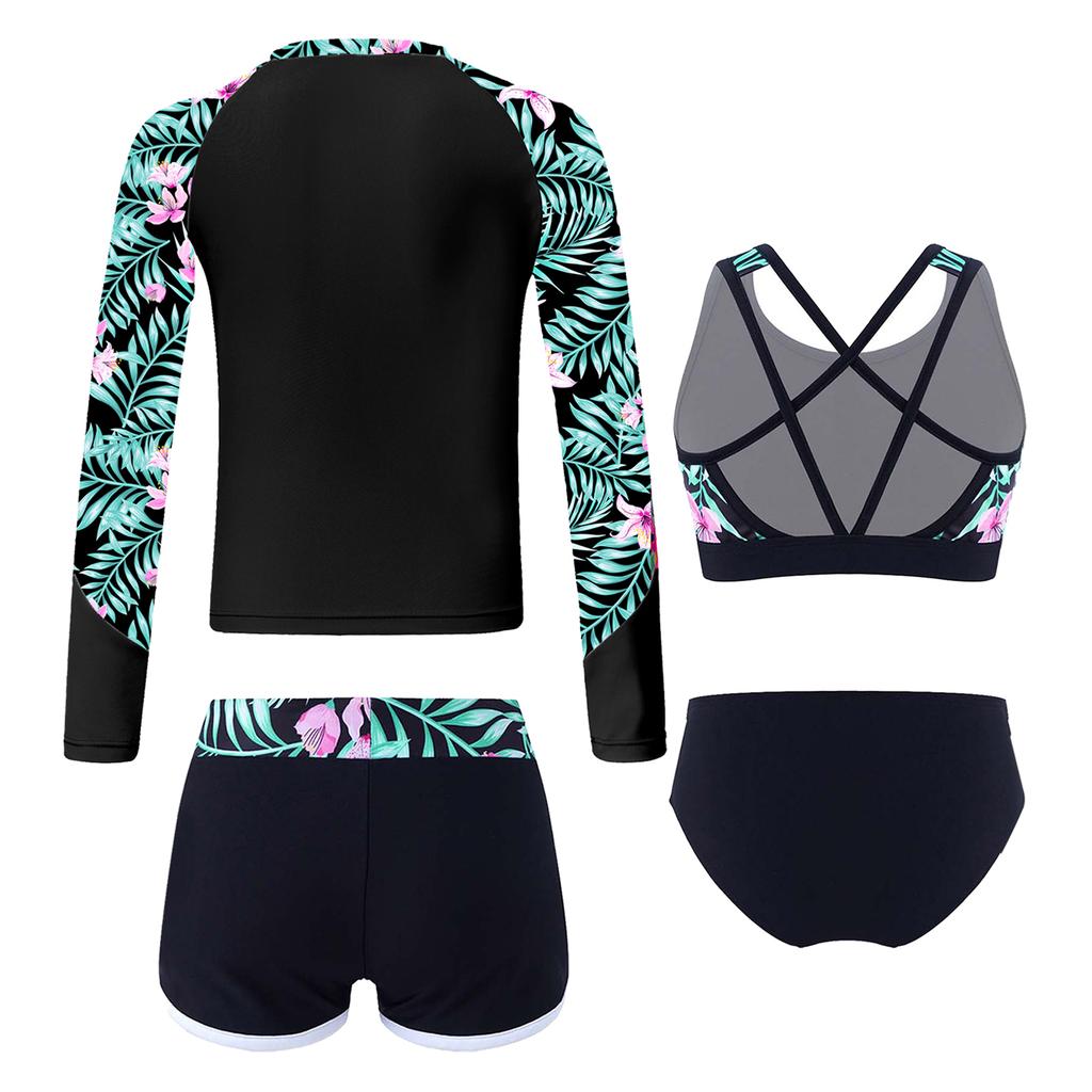 Girls Long Sleeve Swimwear Set UPF Sun Protection Printed Top Crop Top Briefs Pool Outfit