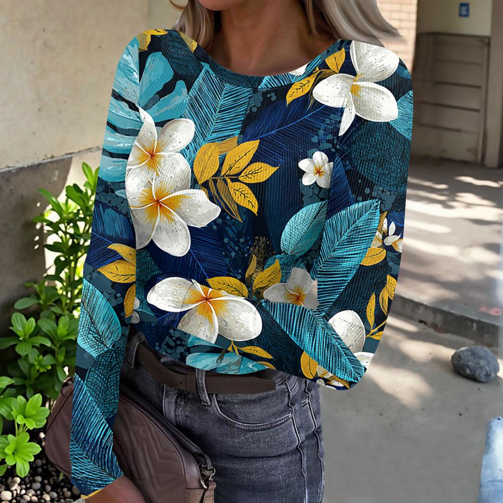 Damen Lässiges Mode-Oberteil mit Rundhalsausschnitt, Hawaiianischem Print und Langen Rippbündchen