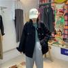 Giacca di jeans nera oversize da donna, vestibilità larga, cappotto casual streetwear con cuciture a contrasto