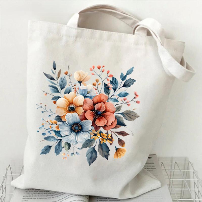 Elegant Wildflowers Aesthetic Canvas Handbag Reusable Floral Shopping Tote Bag for Women