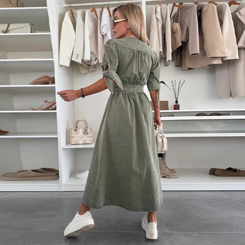 Fashion Sexy V-neck Denim Dress Women's Single Breasted Half Sleeved A-line Dress Solid Color Commute Minimalist Dresses Spring and Summer New