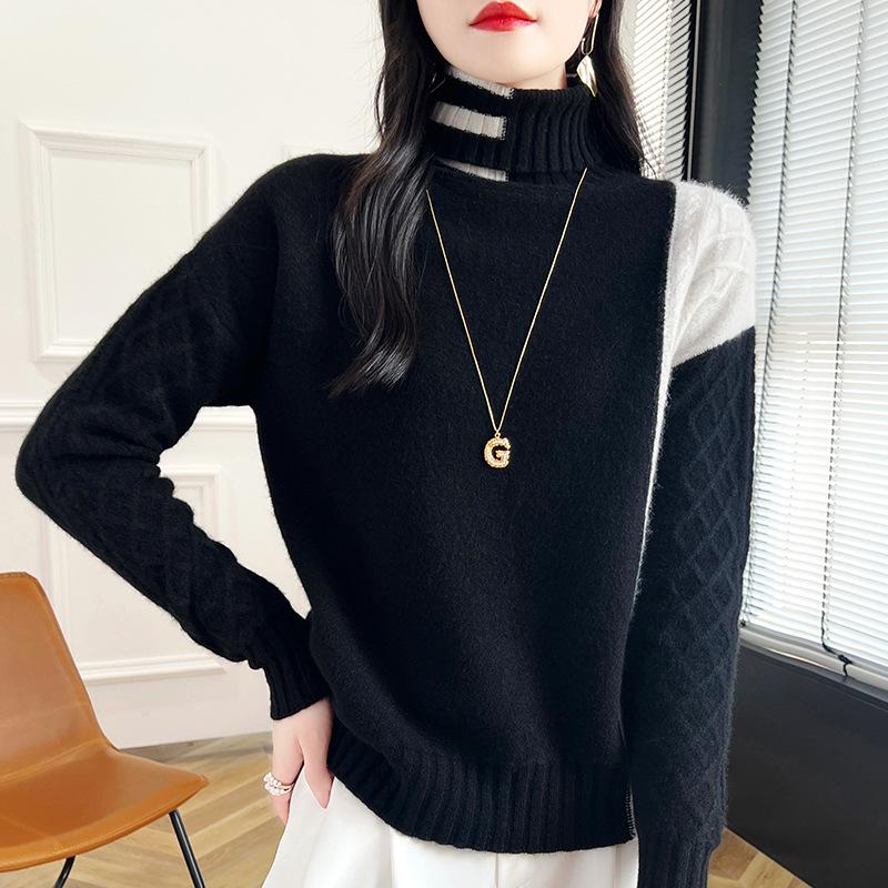 Women's Color Block Wool High Collar Pullover Sweater with Diamond Twist Knit