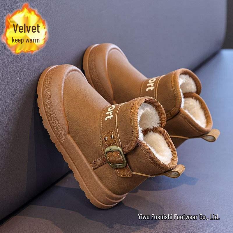 Boys' Waterproof Leather Snow Boots with Fleece – All-Season Warm Cotton Footwear