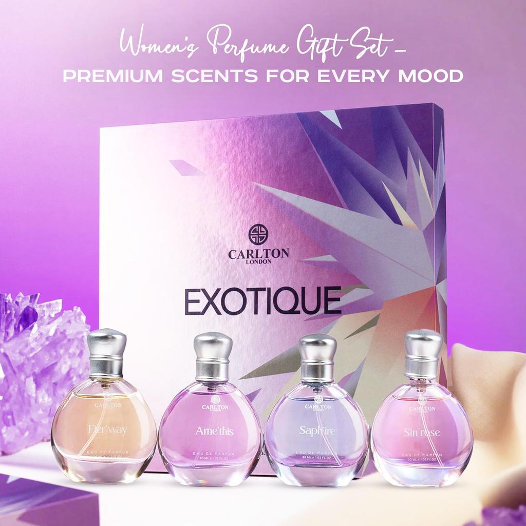 Carlton London Exotique Perfume Gift Set for Women - 4 X 30ml Premium Fragrances with Rose, Orange, Cedar, and Honey Notes, Luxury Perfume Gift Box