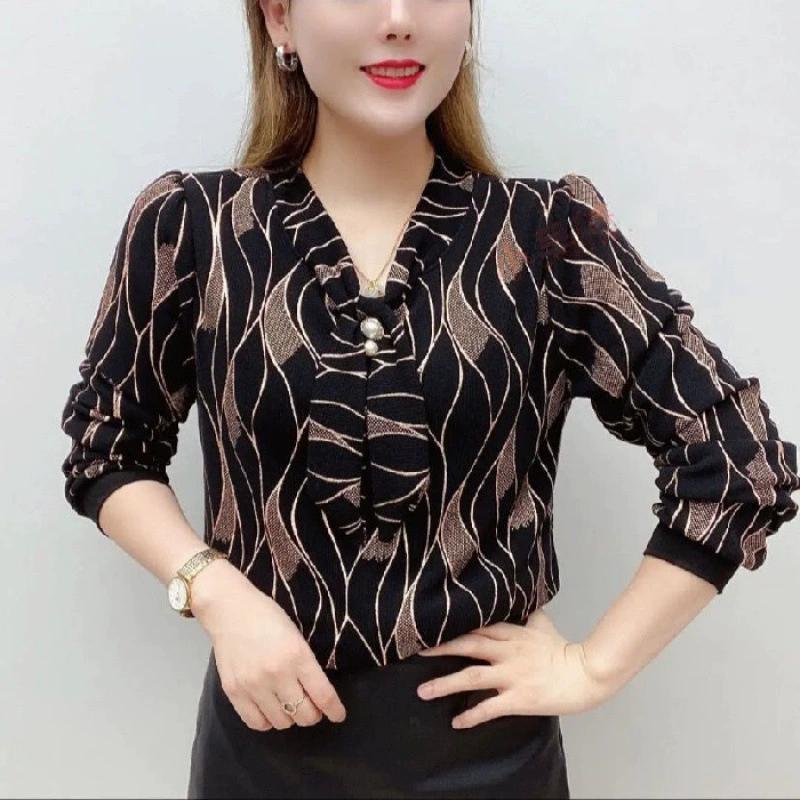 Women's Female Clothing Bandage Spring Autumn Diamonds Chic Pearl Three-dimensional Decoration Blouse Wave Printed V-Neck Shirt