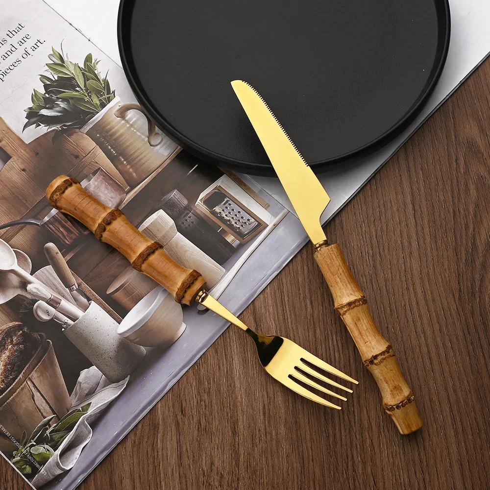 24Pcs Bamboo Cutlery Sets Stainless Steel Dinnerware Sets Gold Wooden Tableware Western Food Knife Fork Teaspoon Cutleries