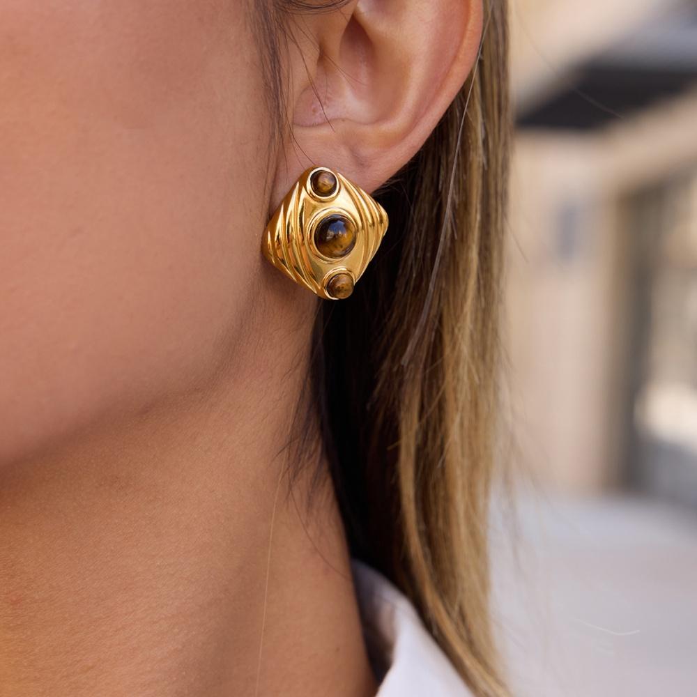 Youthway Vintage Tiger Eye Stud Earrings For Women Minimalist 18K Gold Plated Stainless Steel Earrings Simple Fashion Jewelry
