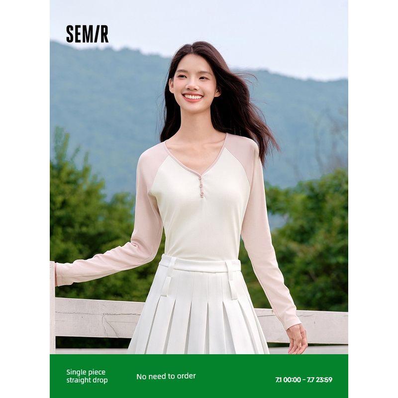 

Senma Casual Trendy Contrast Color Pullover Long Sleeves T-shirt Pink 01315 165/88A/L