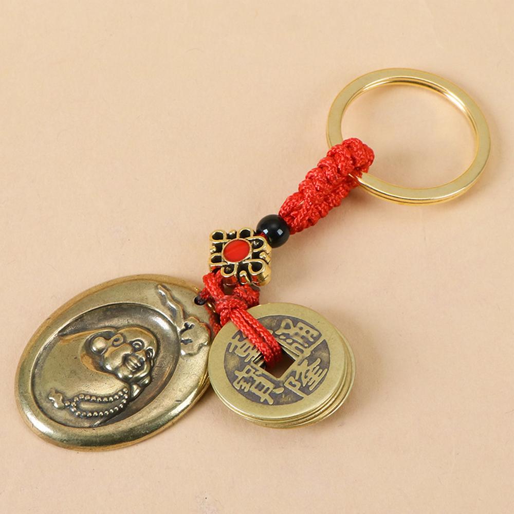 Vintage Lucky Finely Crafted Pure Copper Gourd With Five Emperors CoinsKeychain Charm Feng Shui Keyring Wealth-Attracting Decor