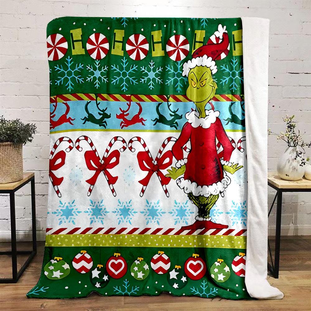 Grinch Themed Holiday Blanket Design Patterned flannel blanket perfect for the bedroom living room, sofa, or a little nap