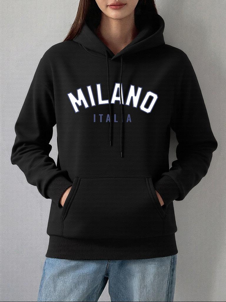 Milano Italia Letter Prints Hoodie Womens Comfortable Loose Pullover Winter Fleece Warm Sweatshirt Basics Pocket Woman Clothes