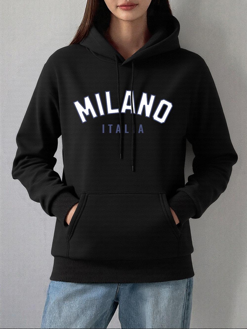 

Milano Italia Letter Prints Hoodie Womens Comfortable Loose Pullover Winter Fleece Warm Sweatshirt Basics Pocket Woman Clothes 2XL