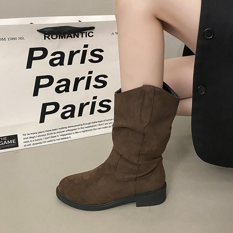 Inner height increase Small retro thick heel short boots Women's 2025 popular new versatile and thin pleated western cowboy boots