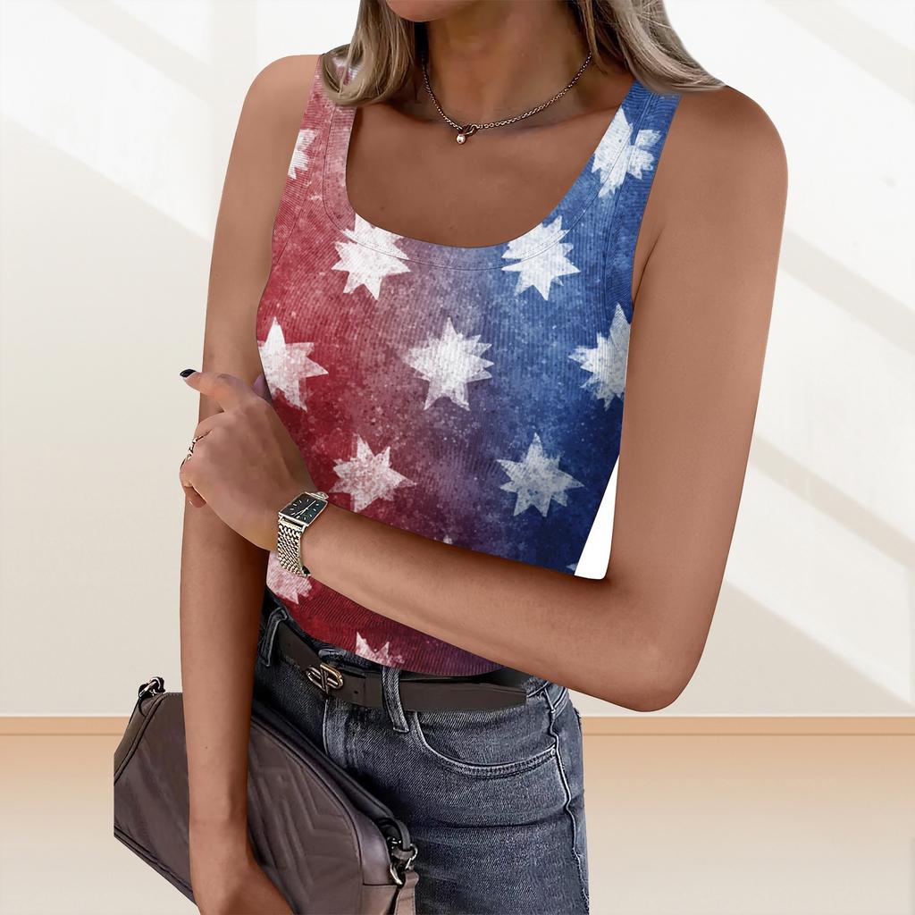 Women's Summer Fashionable Casual Independence Day Printed Round Neck Sleeveless Top Fitted Vest