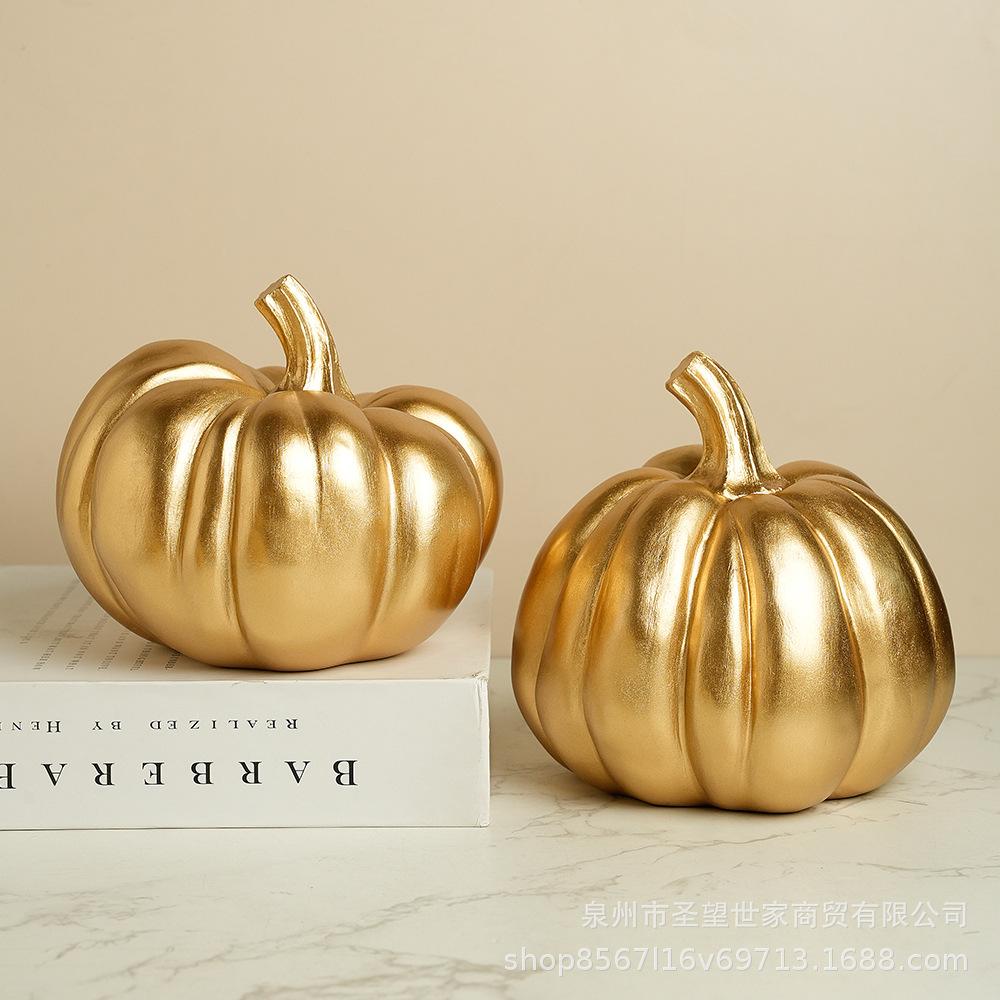 BRGolden Pumpkin Halloween Ornament Art Sculpture Room Display Statue Home Accessories Decoration Crafts Figurines MiniaturesEY