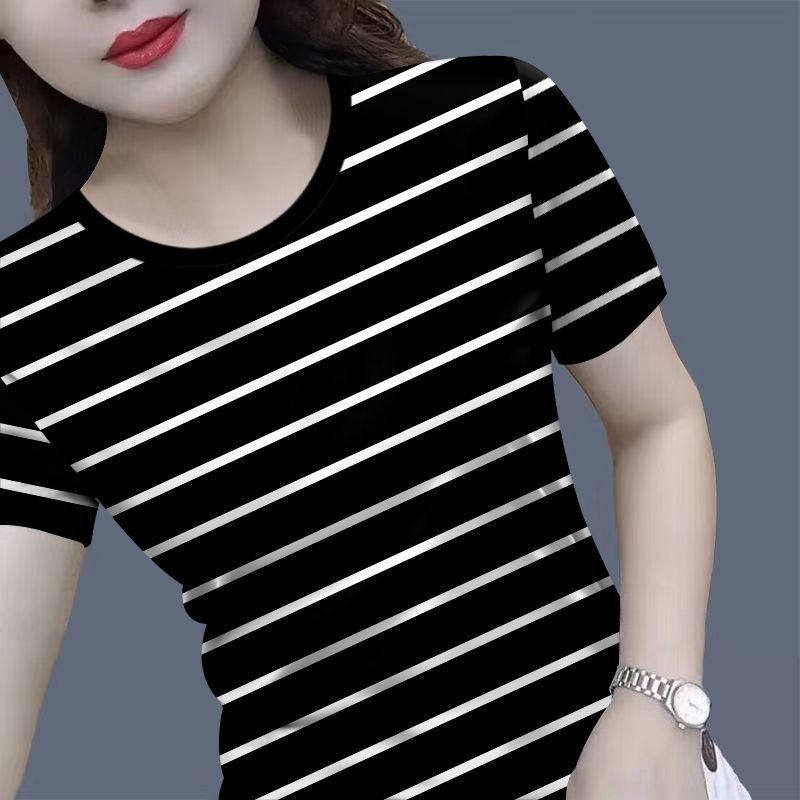 Plus Size Women's Belly-covering Black and White Striped Short-sleeved T-shirt Women's Loose New All-match Blouse Half-sleeved
