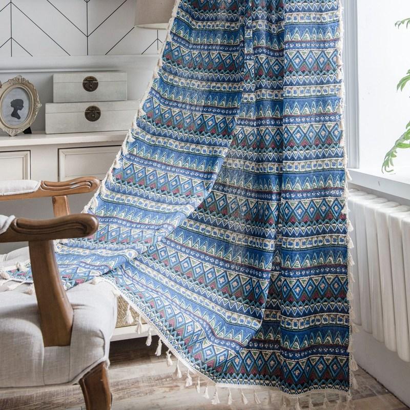 

Cotton Linen Curtain Geometric Finished Print Blue Bohemian Curtain Semi-shading Bay Window Bedroom Living Room Blackout Valance W150 x H160cm&Threading Rod