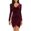 Women's Sexy Velvet Long Sleeve V Neck Mini Dress Ruched Bodycon Faux Wrap Cocktail