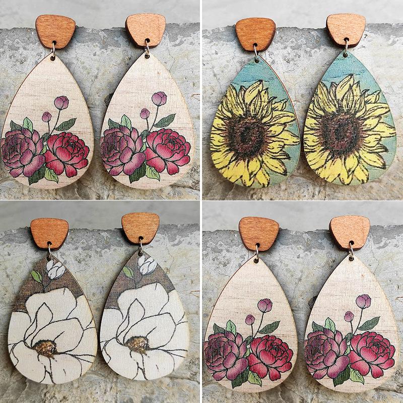 

Серьги с цветком подсолнуха, богемные деревянные серьги с каплями воды, серьги-иглы из нержавеющей стали для женщин, праздничные украшения