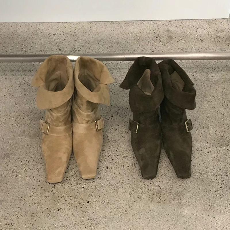 Cowhide Version~ Korean Version of Niche Street Shooting Catwalk Square Head Western Cowboy Boots Women's Thick Heel Leather Short Boots Fashion Wom