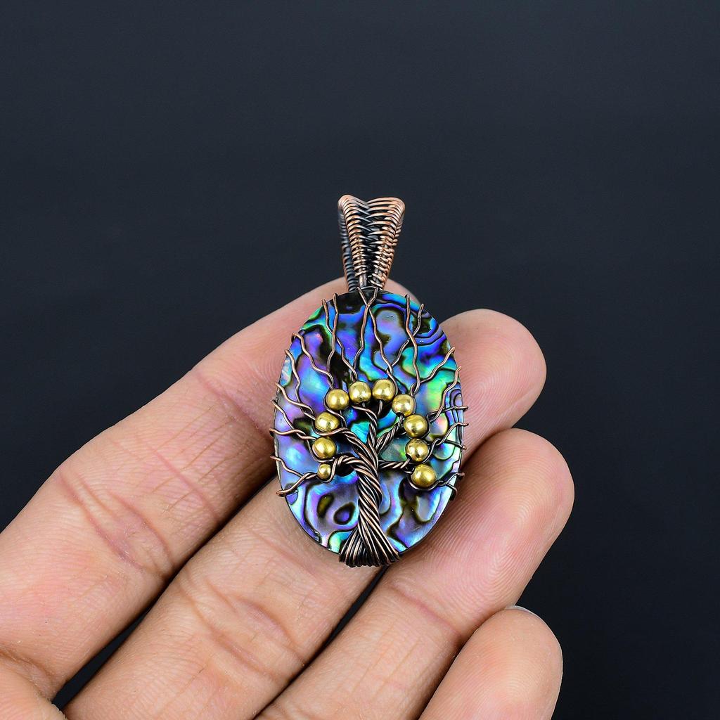 Abalone Shell 999 Copper Wire Wrapped  Pendant, Handmade Gemstone Pendant Jewelry, Gifts For Wife Brand New Pendant