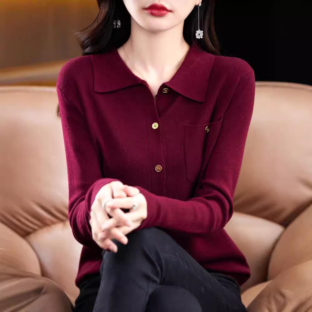 Langarm-POLO-Shirt Damenpullover Herbst Revers Gerade Strickoberteil
