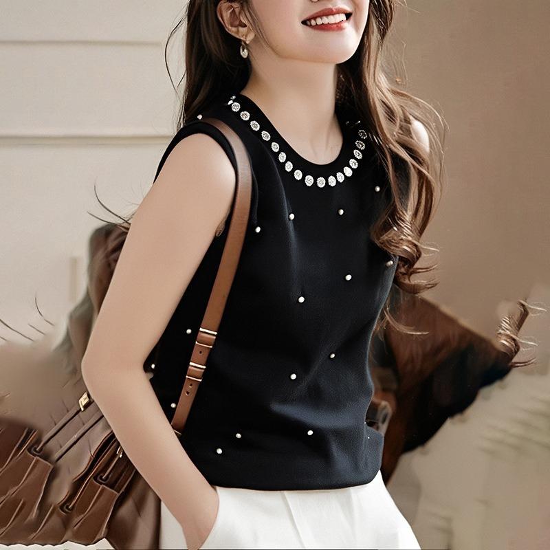 Summer New Round Neck Beaded Vest Women's Knitted Sweater