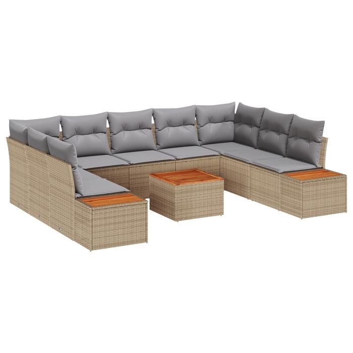 VidaXL Ensemble de Canapés de Jardin 10 Pièces avec Coussins Beige Poly Rattan Acacia 3348171