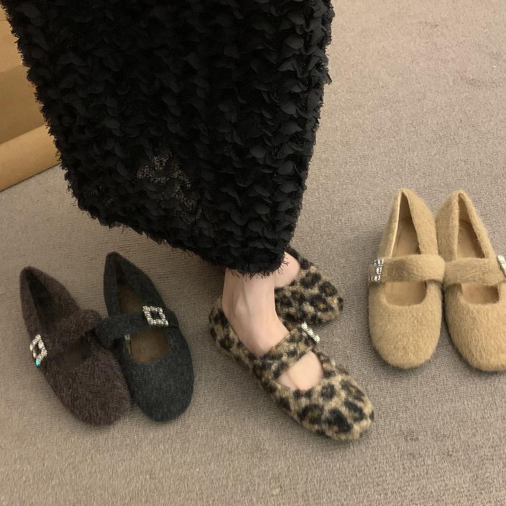 One-word Leopard Print Velvet Thermal Cotton Shoes Women's Winter Mary Jane Fluffy Shoes Retro Flat Birkenstocks