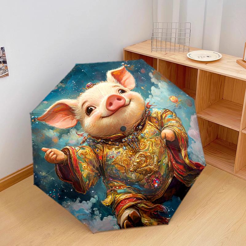 1 Pezzo Ombrello Pieghevole Automatico - Fantasia Maialino, Design Portatile e Pieghevole con 8 Stecche, Regali di Natale e Compleanno