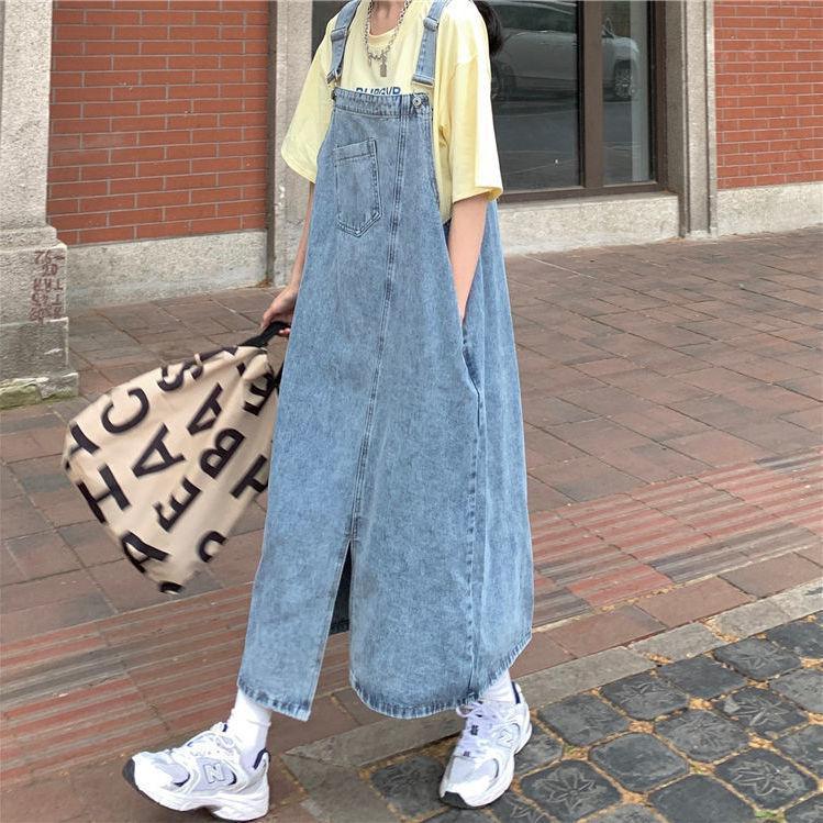 Vintage Denim Suspender Skirt With Knitted Fabric For Casual And Travel Wear