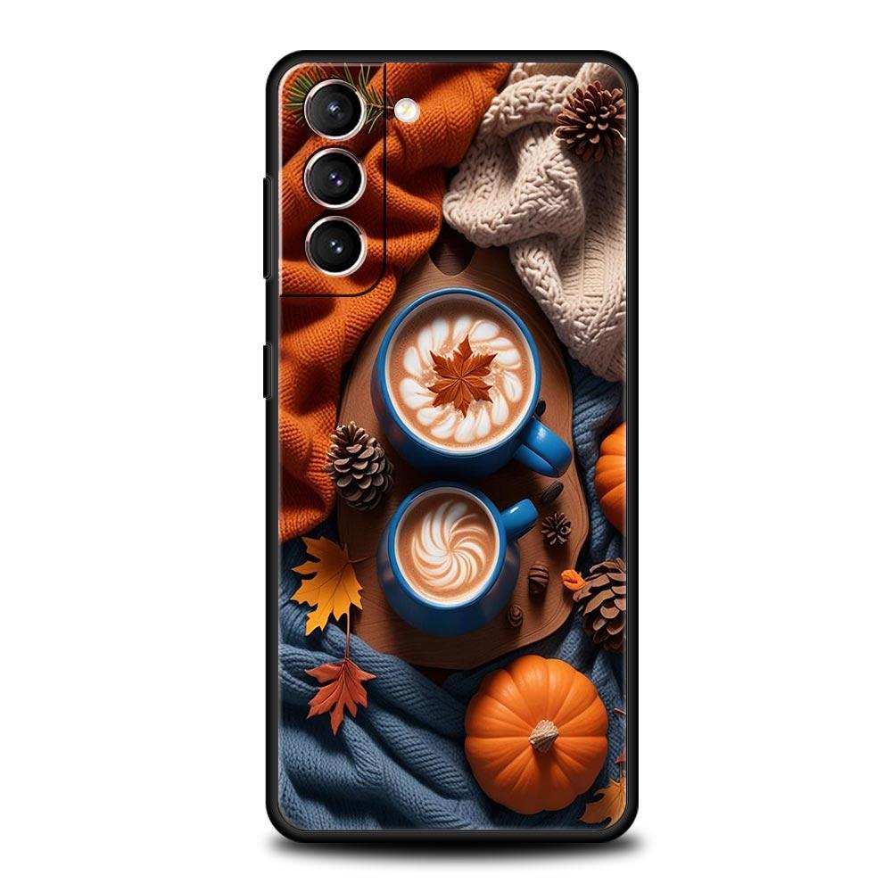 Pumpkin Autumn Leaves Coffee Phone Case for Samsung Galaxy S26 S25 S24 S23 S22 S20 S21 FE Ultra S25 Edge Plus 5G Soft TPU Cover