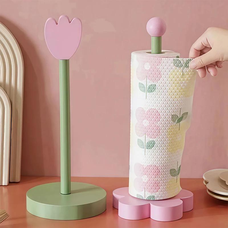 Wooden Tulip Flower Paper Towel Holder Stand Vertical Kitchen Roll Bathroom Tissue Storage Organizer Countertop Desk Decor