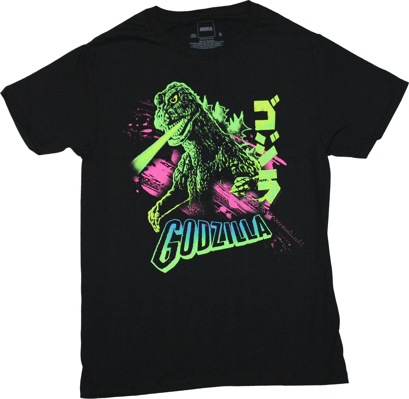 Godzilla New Adult T-Shirt - Bright Neon Over Name With Kanji S