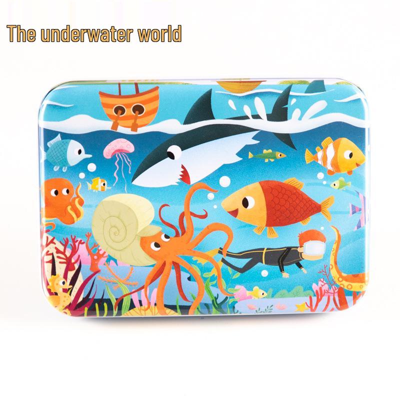 120-teiliges Holz-Cartoon-Puzzle in Blechdose für Kinder von 0-6 Jahren