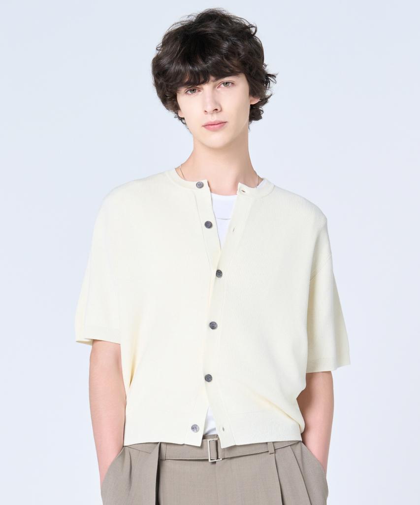 Hyoji Ss Washable Loose Fit Cropped Round Hachi Short Sleeve Knit Cardigan