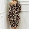 Women Plus Size Cold Shoulder Long Sleeve Multicolor Wildflower Print Irregular Slit Bodycon Midi Dress