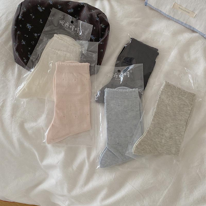 Lady Summer Thin Hollow Love Bow Pure Color All Build In The Tube Stack Socks