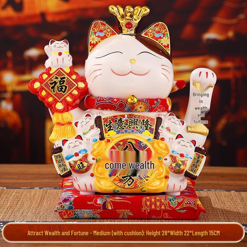 Automatic Waving Ceramic Lucky Cat Figurine - Perfect for Housewarming, Cash Register, or Living Room Decor