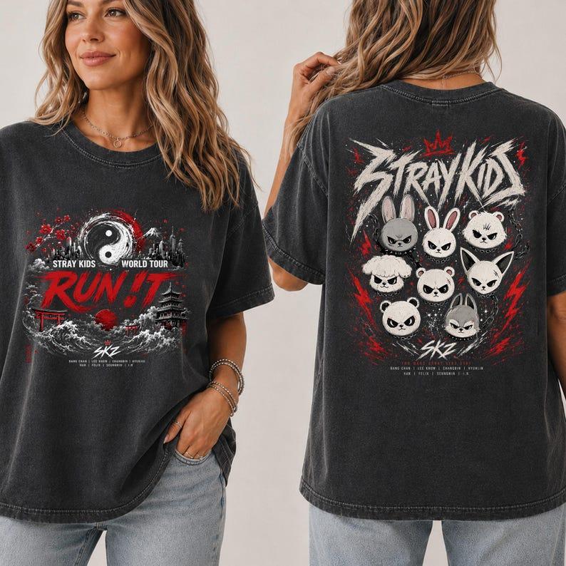 2026 Hot Sale Stray Kids Run It 2026-2027 World Tour T-shirt Vintage Washed Graphic T-shirt Harajuku Hip Hop Punk T-shirt Loose Cozy and Versatile